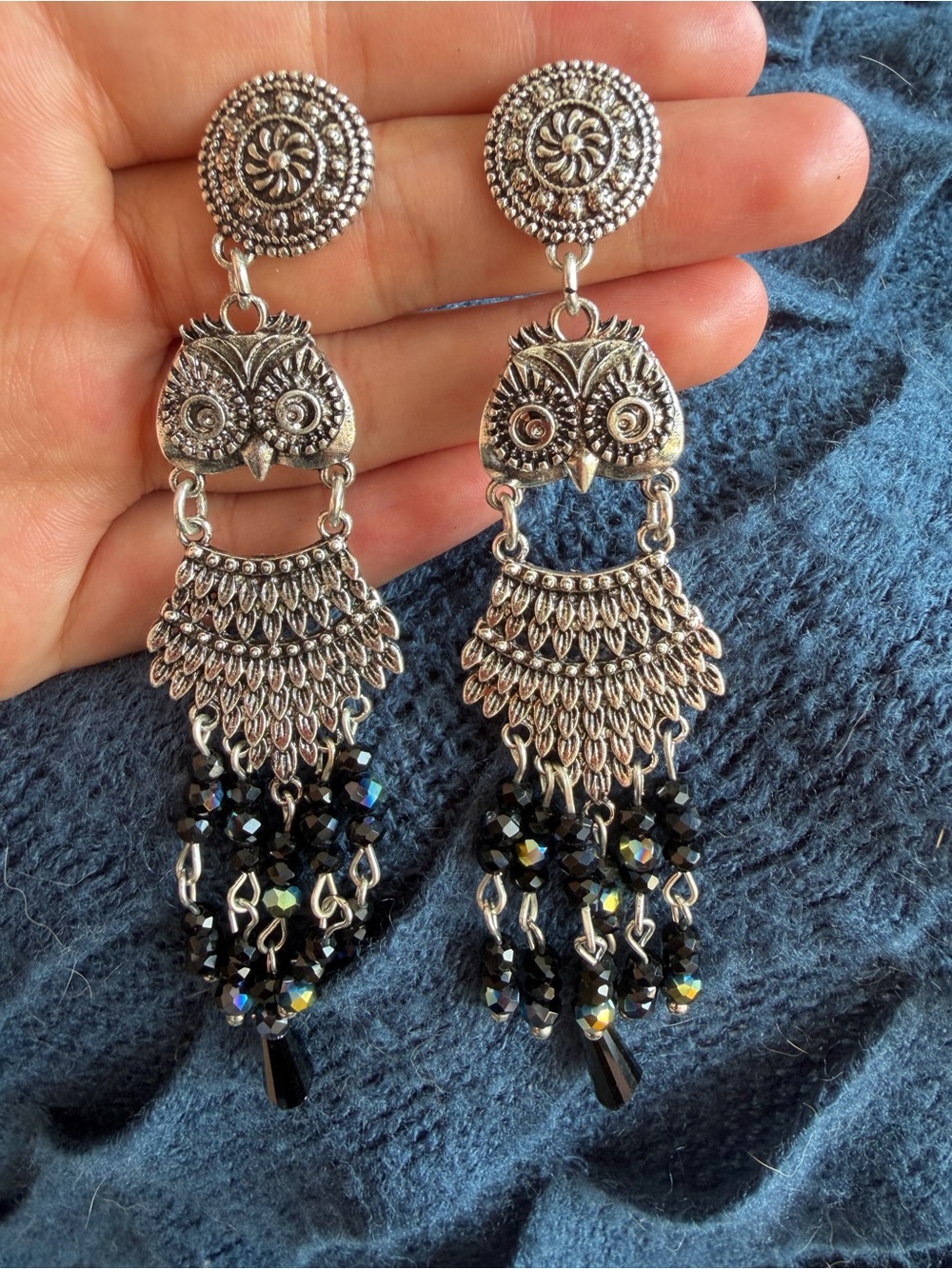 Silver Owl Dangle Earrings with Black Bead Fringe